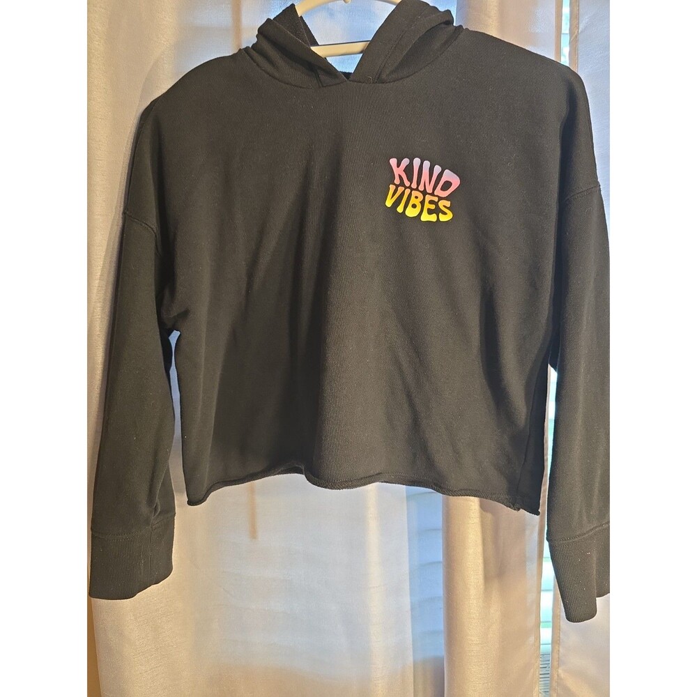 Old Navy Kind Vines Cropped Hoodie Black Sweatshirt Teens Size L 10-12